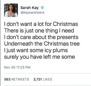 Tweet setting elements of the poem to "All I Want for Christmas is You" by Mariah Carey