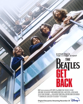 Poster for the documentary "The Beatles: get Back," showing 2 versions all four band members looking down - a contemporary version and above them, a younger version.